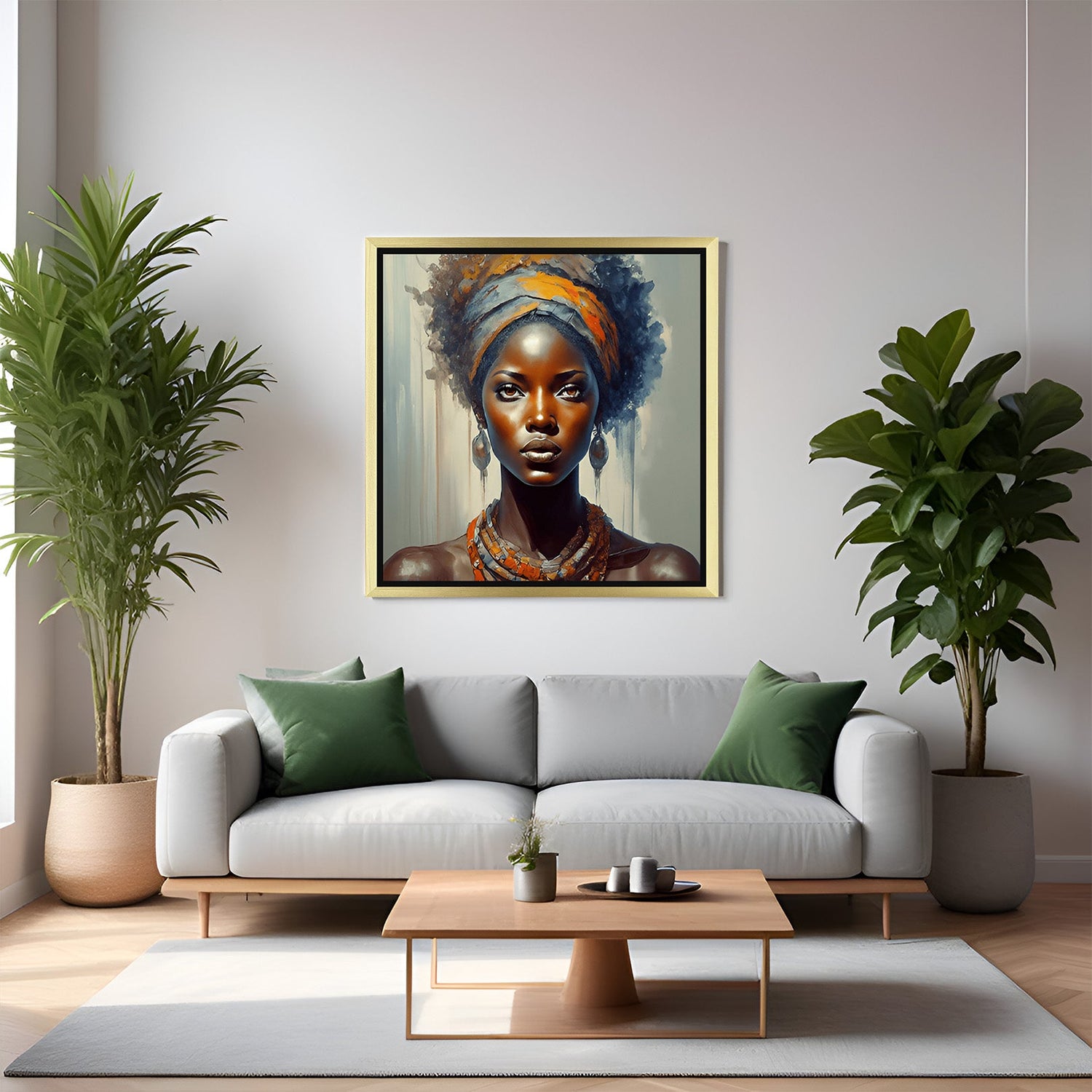 Golden-framed canvas featuring a tribal African girl face with symbolic markings, perfect for stylish and heritage-inspired interiors