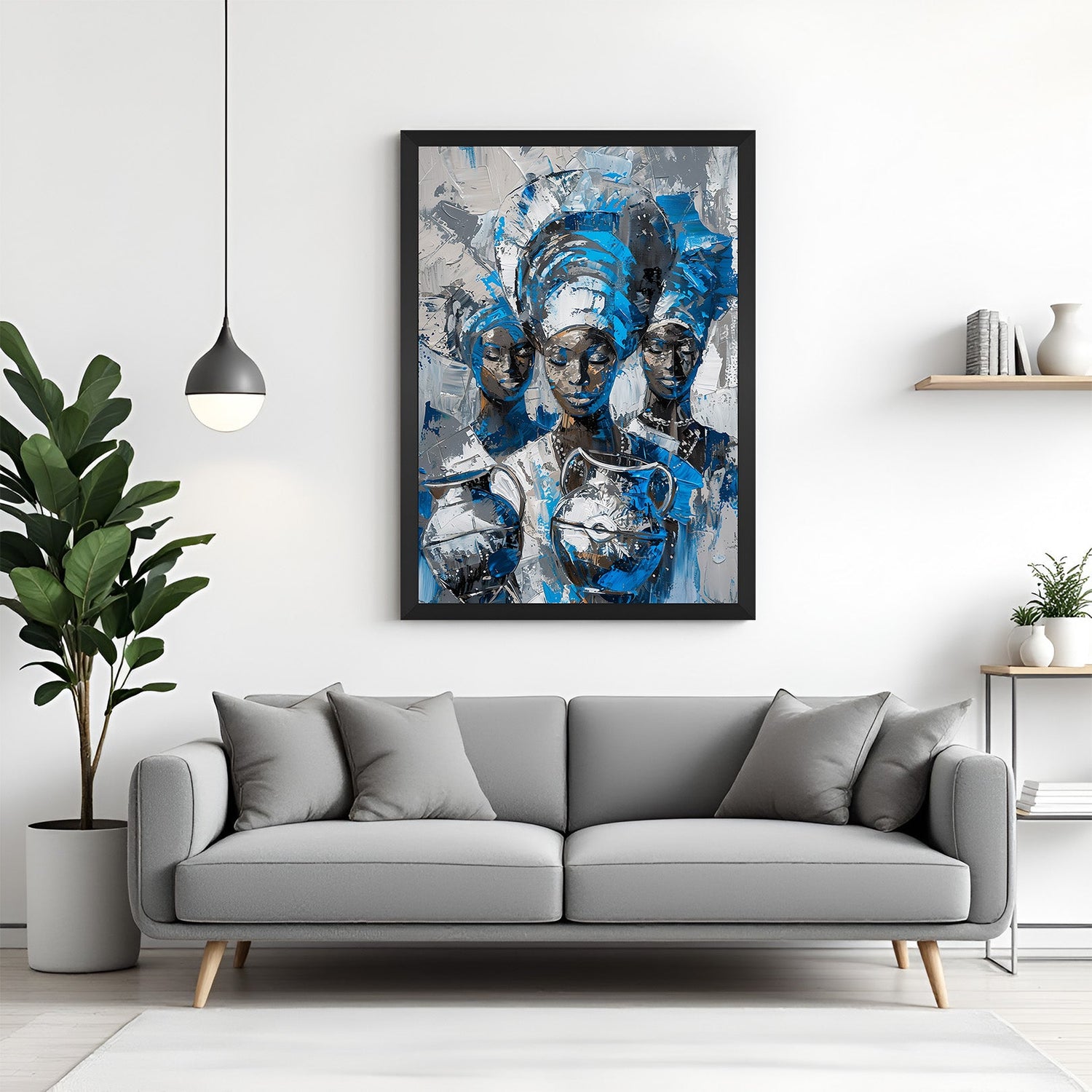 Framed canvas of African tribal group in minimalist blue and white tones, set in a black floater frame for modern Afrocentric spaces