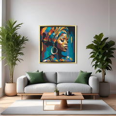 Golden-framed canvas artwork of an African girl with tribal hat and earrings in abstract brush style, designed for elegant ethnic decor