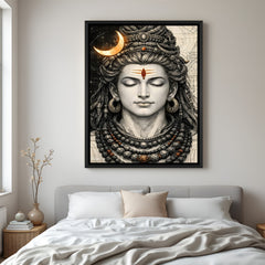 Minimalist Mahadev black and white artwork with gold moon and red third eye in elegant black floater frame