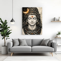Minimalist black and white Lord Shiva art with gold crescent moon and red third eye in premium canvas wrapped frame
