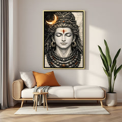 Lord Shiva minimalist canvas painting with gold crescent moon and red third eye in luxurious golden floater frame