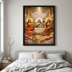 Trinity of Divine Prosperity wall painting in black floater frame featuring Lakshmi Mata, Saraswati Mata, and Sherawali Mata artwork