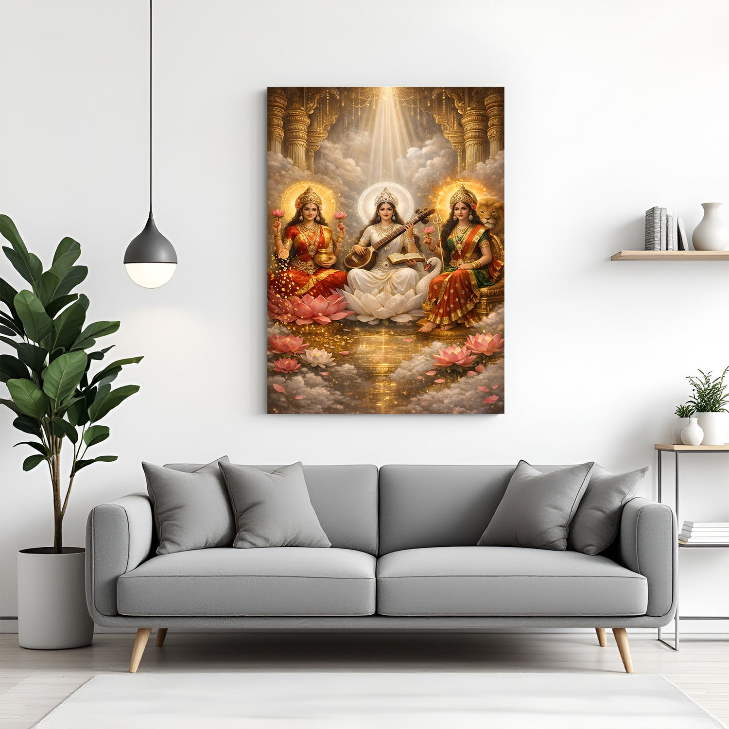 Trinity of Divine Prosperity canvas wall art featuring Lakshmi Mata, Saraswati Mata, and Sherawali Mata seated together in premium canvas wrapped frame