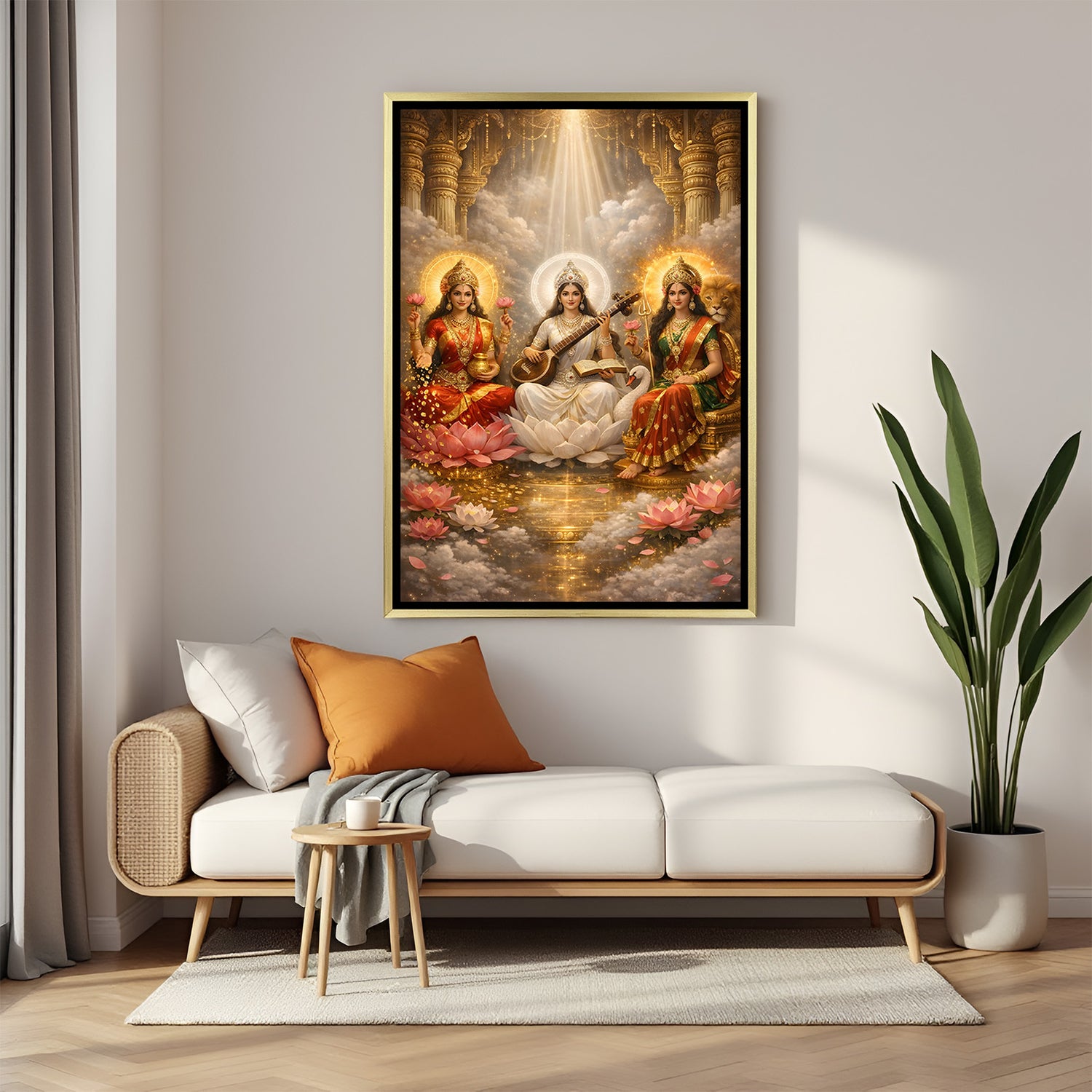 Trinity of Divine Prosperity artwork in luxury golden floater frame featuring three Hindu goddesses seated gracefully