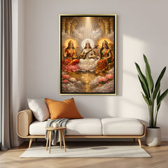 Trinity of Divine Prosperity artwork in luxury golden floater frame featuring three Hindu goddesses seated gracefully