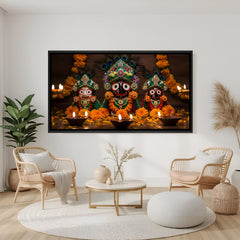 Jagannath Balabhadra and Subhadra devotional artwork in elegant black frame