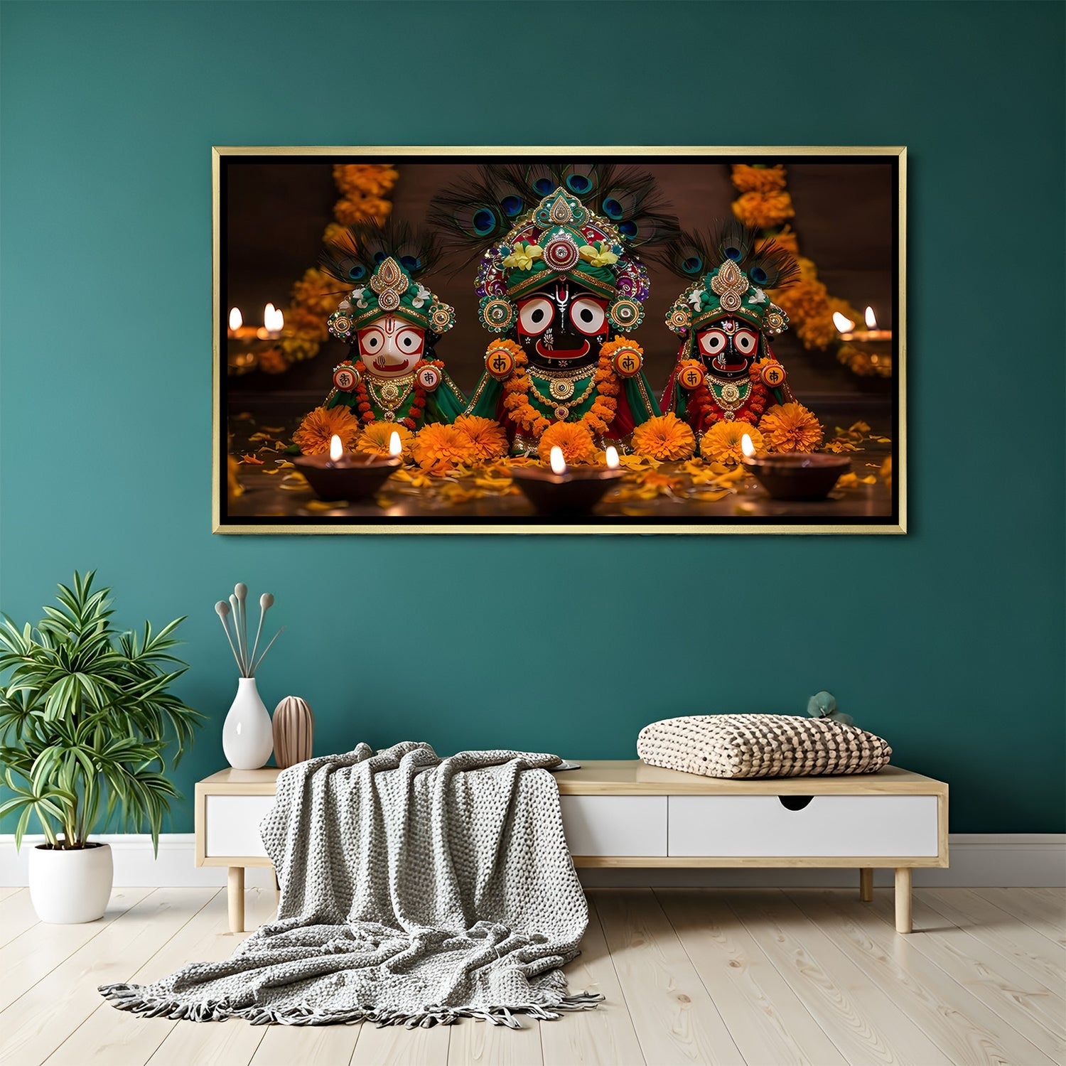 Trinity of Puri Jagannath sacred artwork in luxury golden frame featuring divine sibling deities