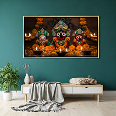Trinity of Puri Jagannath sacred artwork in luxury golden frame featuring divine sibling deities