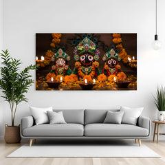Lord Jagannath Balabhadra and Subhadra laminated wall print with vibrant devotional artwork
