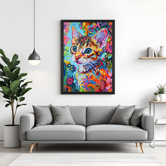 Black floater frame trippy kitten wall art with rainbow wave patterns, perfect for trendy rooms and playful wall decor