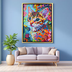 Golden framed colorful kitten wall art in trippy style, ideal for creative homes and bold interior spaces