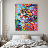 Trippy kitten canvas art with colorful wavy background, combining cuteness and psychedelic style for cool, artistic interiors