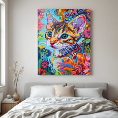 Trippy kitten canvas art with colorful wavy background, combining cuteness and psychedelic style for cool, artistic interiors