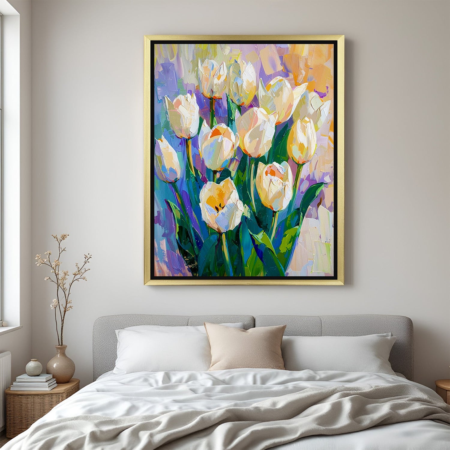 Golden-framed canvas painting of tulip flowers in painterly style, perfect for elegant interiors