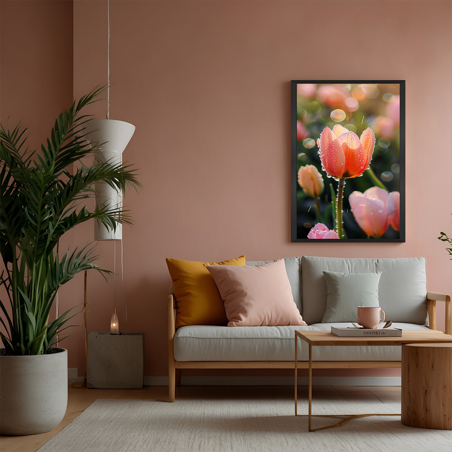 Framed tulip flower wall art with water droplets and black floater frame, ideal for modern floral interiors