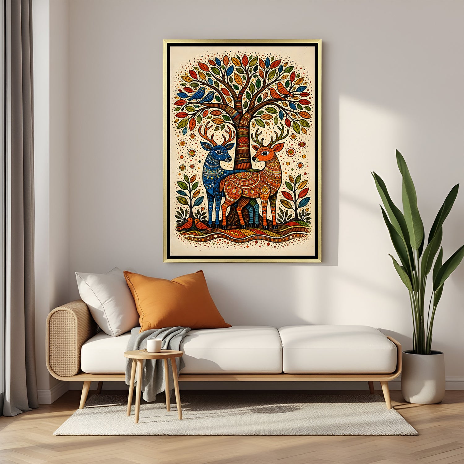 Luxury twin deer Kalamkari artwork with tree background in golden floater frame and ethnic detailing