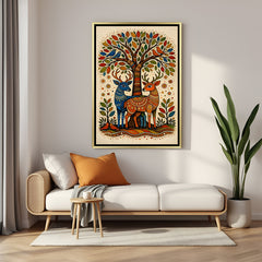 Luxury twin deer Kalamkari artwork with tree background in golden floater frame and ethnic detailing