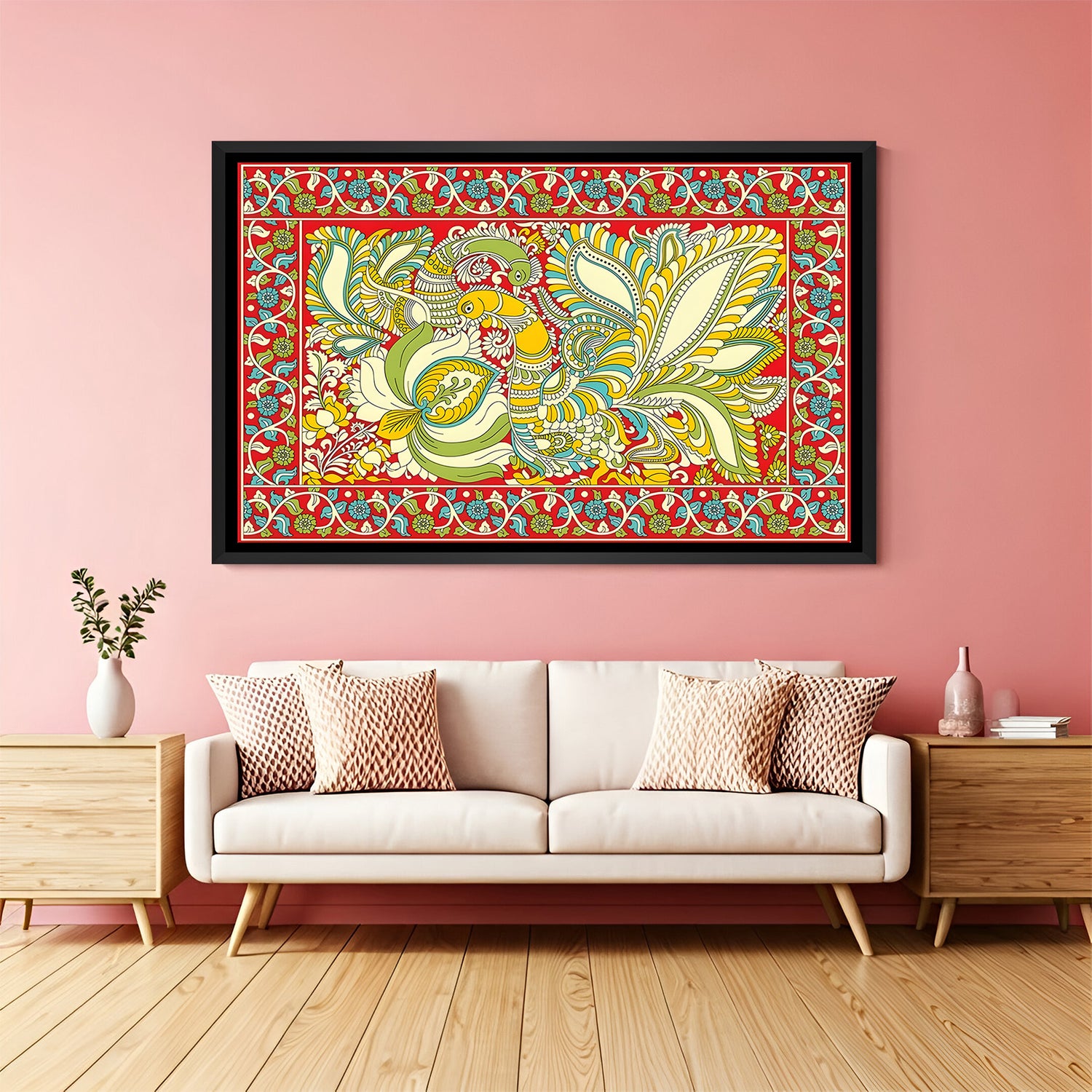 Twin peacock Kalamkari wall painting in elegant black floater frame for luxury interiors