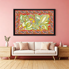 Twin peacock Kalamkari wall painting in elegant black floater frame for luxury interiors