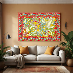 Twin peacock Kalamkari canvas wall art in premium canvas wrapped frame with intricate traditional detailing