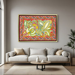 Luxury twin peacock Kalamkari artwork in golden floater frame with traditional Indian design