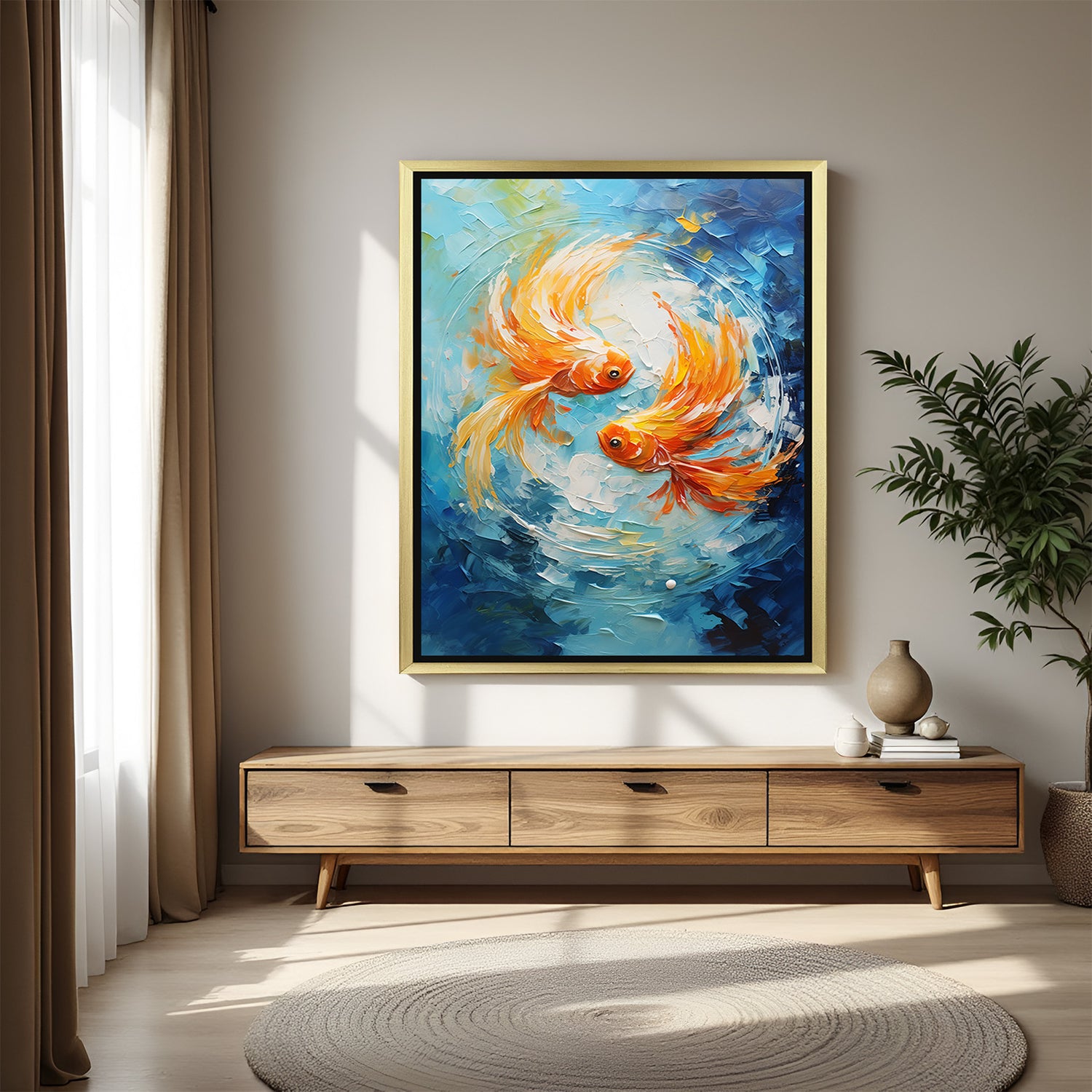 Hand-painted abstract canvas wall art of two goldfish with flowing water patterns, in golden floater frame, perfect Vastu wall decor for wealth and harmony