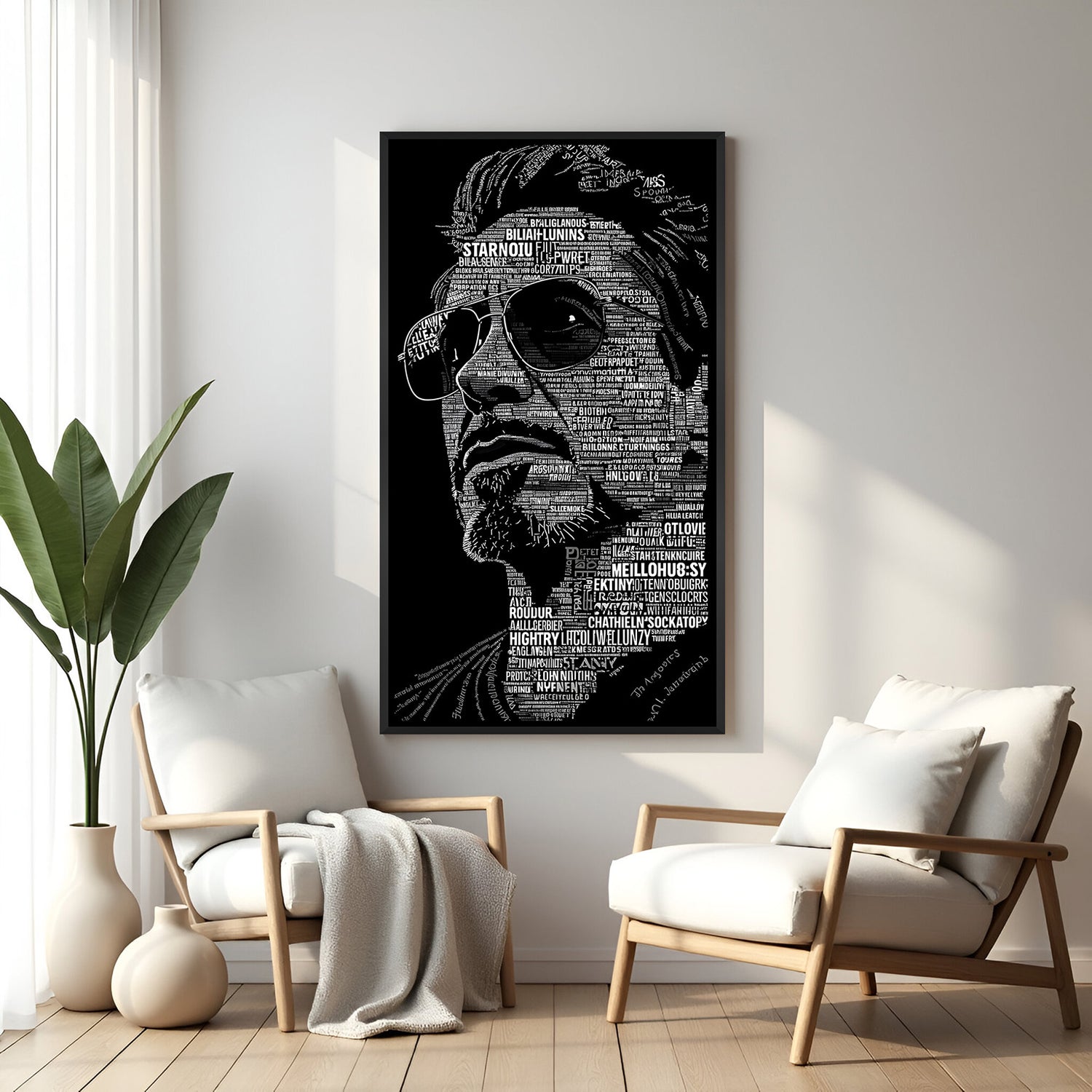 Typography portrait wall art in black floater frame modern monochrome canvas decor