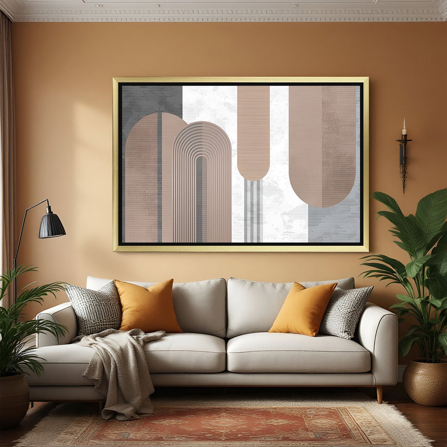 Geometric U shapes canvas wall art with golden floater frame – modern abstract decor piece for elegant and minimal spaces