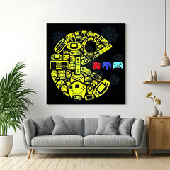 Ultimate Gamer Station canvas wall art featuring gaming controllers and gaming accessories in premium canvas wrapped frame