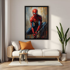 Ultimate Spider Hero wall painting in black floater frame with cinematic superhero action pose