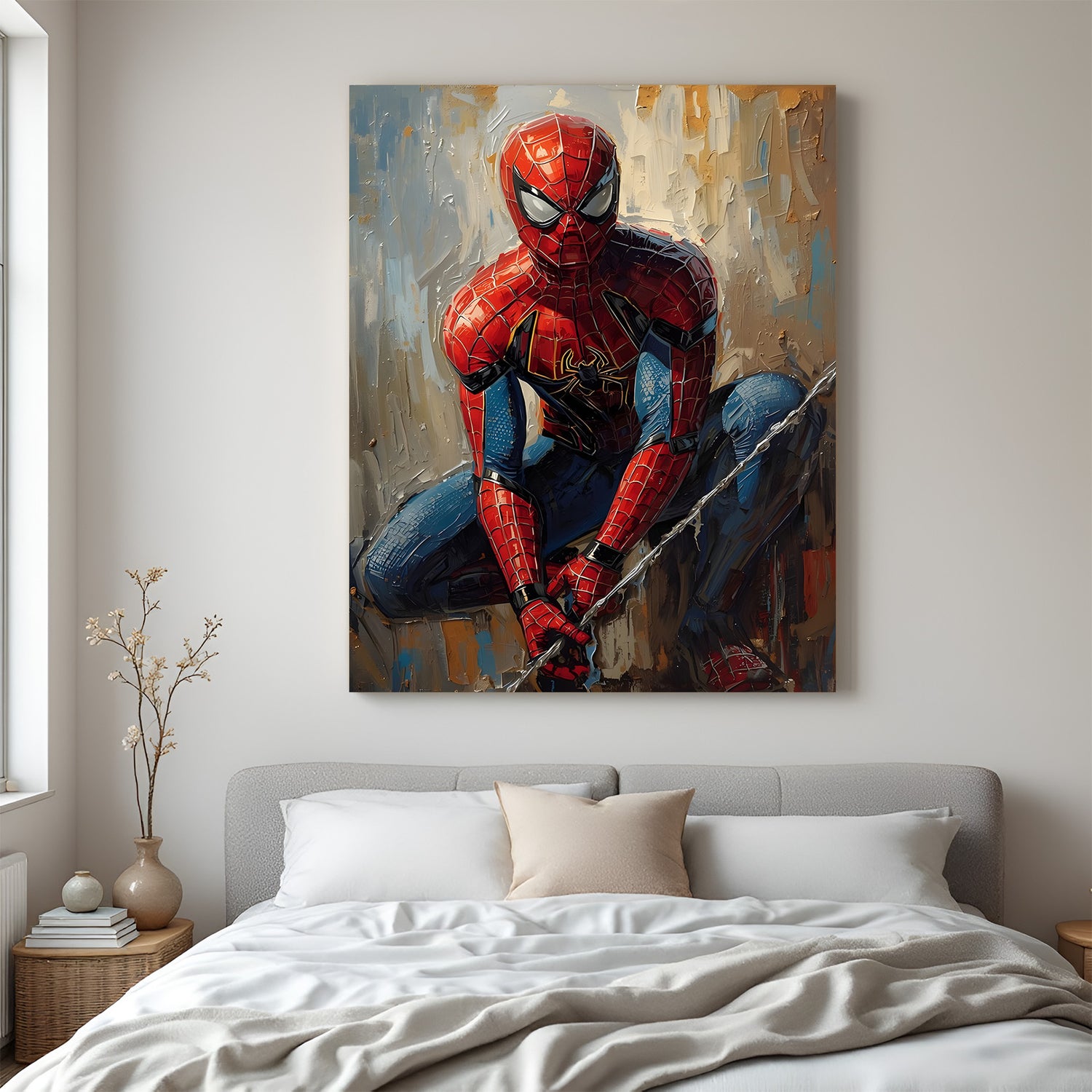 Ultimate Spider Hero anime canvas wall art featuring superhero sitting in iconic action pose