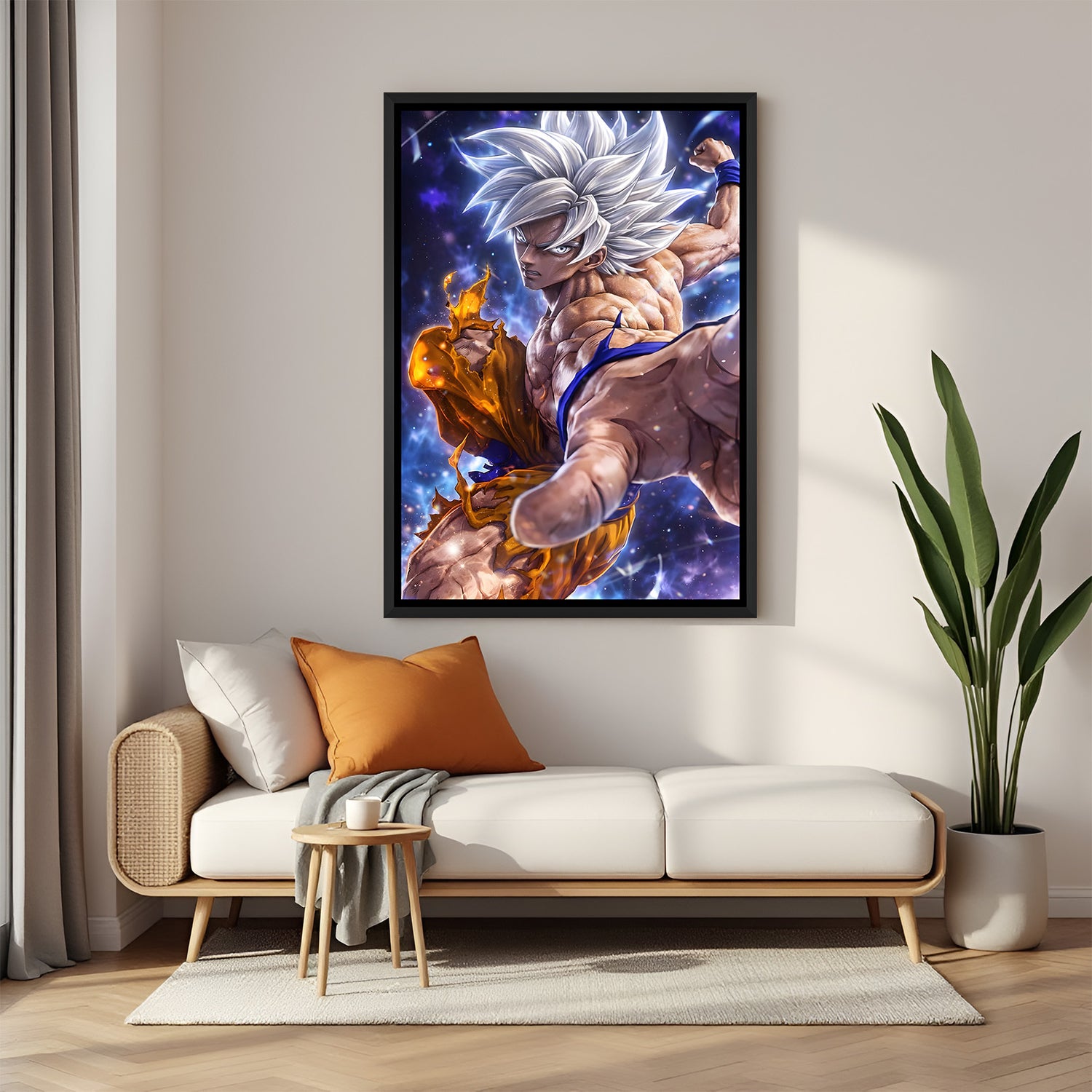 Ultra Instinct Goku anime canvas artwork in premium black floater frame