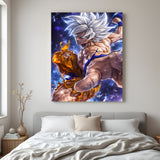 Ultra Instinct Goku canvas painting with white hair and divine anime aura in canvas wrapped frame