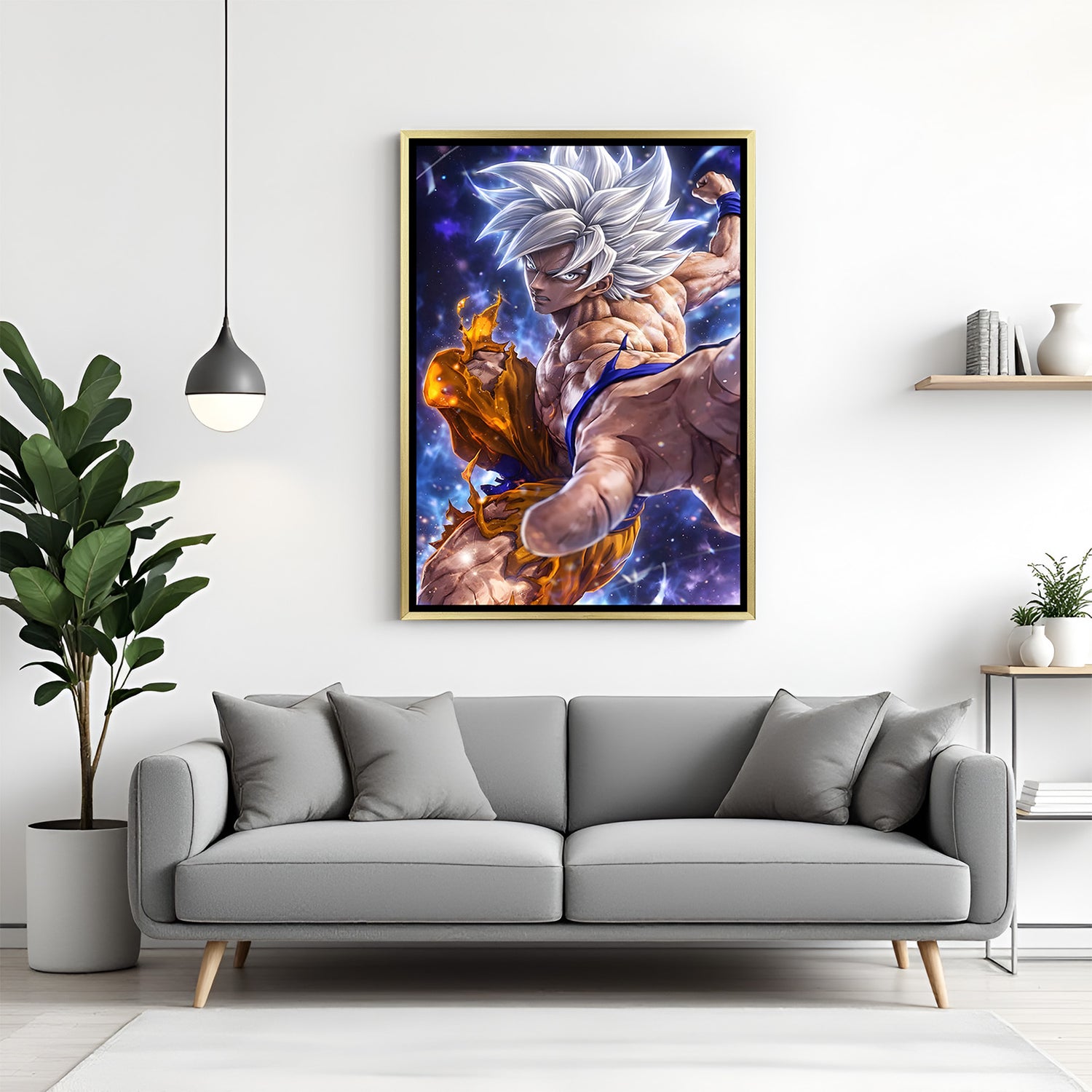 Ultra Instinct Goku Dragon Ball Super wall art in luxury golden floater frame with divine aura design