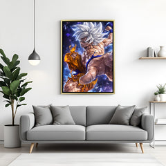 Ultra Instinct Goku Dragon Ball Super wall art in luxury golden floater frame with divine aura design