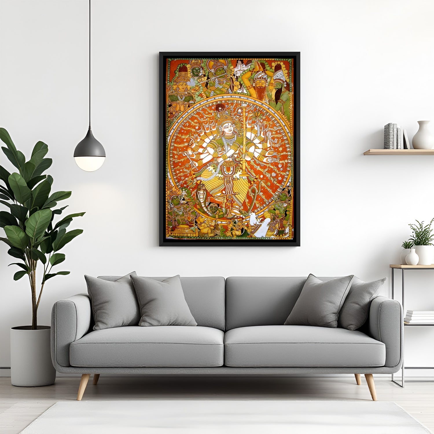 Universal Vishnu Kerala mural wall painting in elegant black floater frame for spiritual interiors