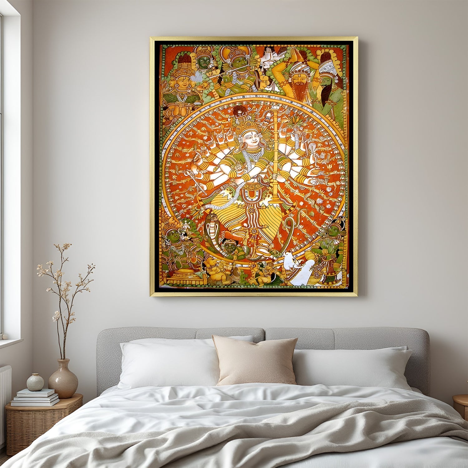 Luxury universal form of Lord Vishnu Kerala mural artwork in golden floater frame with traditional Indian design