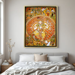 Luxury universal form of Lord Vishnu Kerala mural artwork in golden floater frame with traditional Indian design