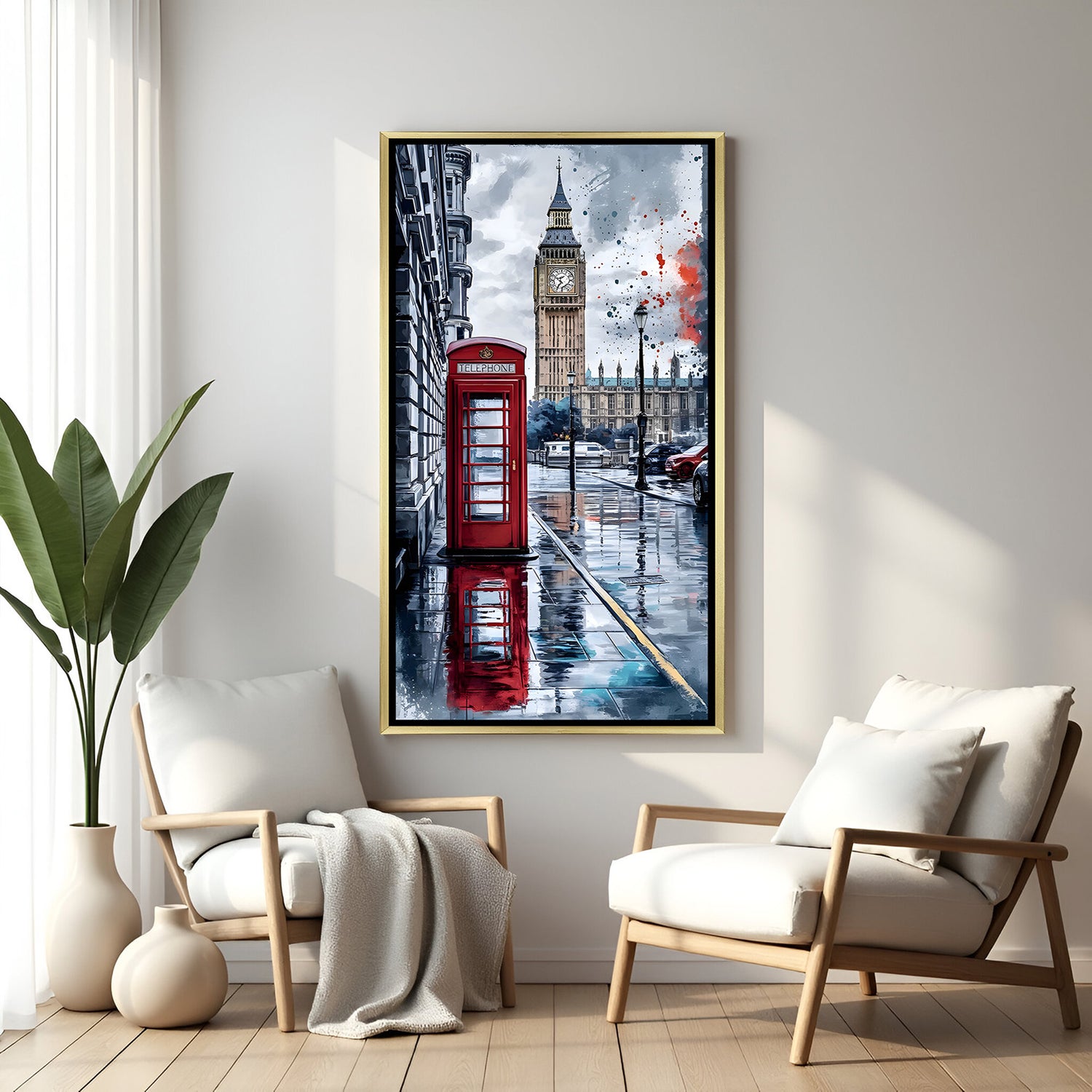Luxury city modern canvas artwork in golden floater frame featuring abstract skyline and metropolitan reflections