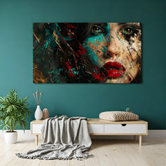 Panoramic abstract portrait of woman with teal brush strokes, red lips, and gold textured accents on canvas.