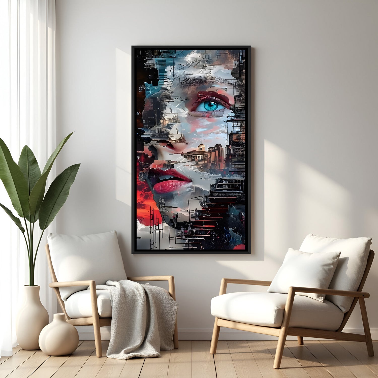 Modern female portrait and cityscape artwork in elegant black floater frame with contemporary artistic styling