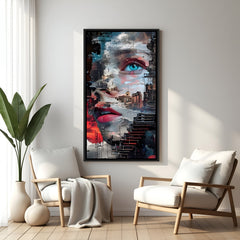 Modern female portrait and cityscape artwork in elegant black floater frame with contemporary artistic styling