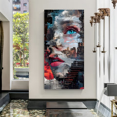 Urban Muse Cityscape canvas print featuring a female face blended with a modern city view in premium canvas wrapped frame