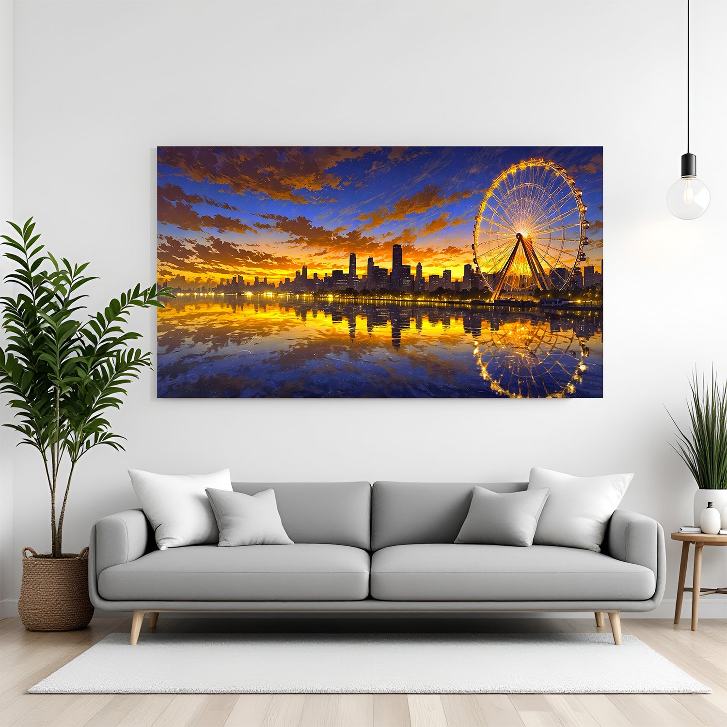 Urban Reflections Waterfront canvas print featuring a modern city skyline, Ferris wheel, and beautiful water reflections in premium canvas wrapped frame