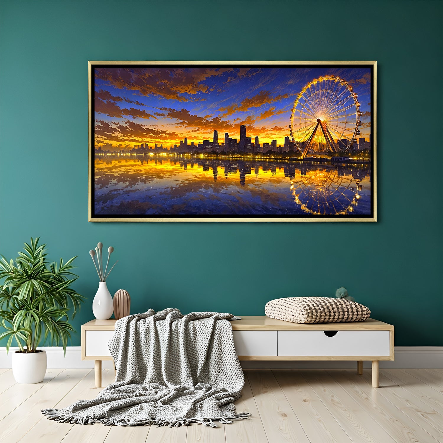 Urban Reflections Waterfront canvas print in luxury golden floater frame showcasing a city skyline and stunning waterfront reflections