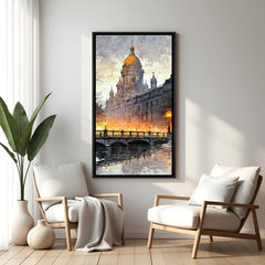 Modern city skyline artwork in elegant black floater frame with contemporary architectural design