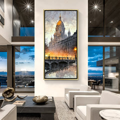 Urban Skyline Reflections canvas print in luxury golden floater frame showcasing modern city architecture