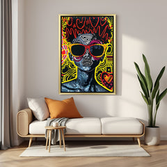 Golden frame pop art canvas of African lady with vibrant hues, an artistic modern wall piece that captures urban vibes and colorful culture