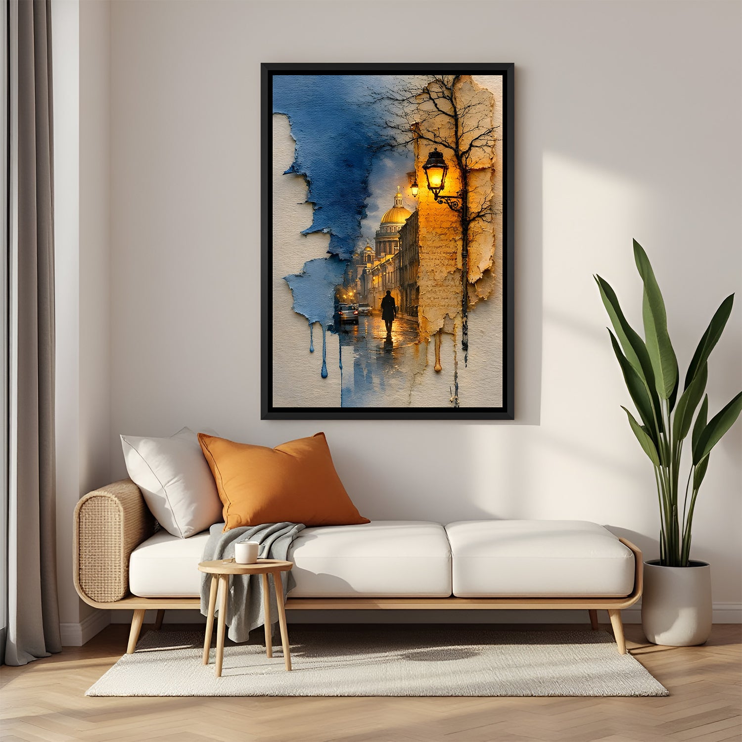 Urban modern canvas wall painting of a man walking through city in black floater frame